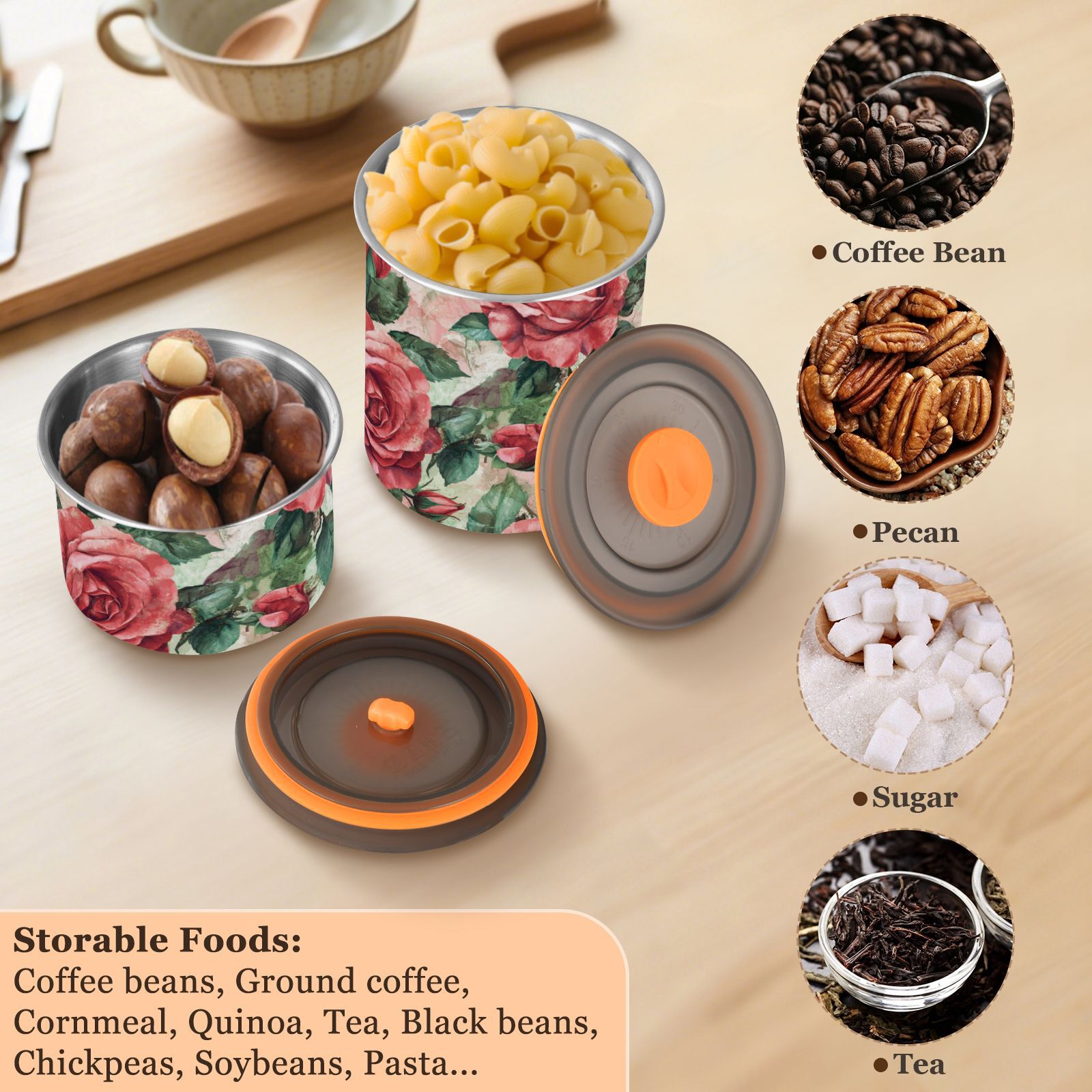 Red Rose Flowers Painting Airtight Coffee Bean Canister 30oz Food Storage Containers with Lids For Gournd, Tea, Sugar, Flour, Rice, Cereal, Candy Cookie Jar