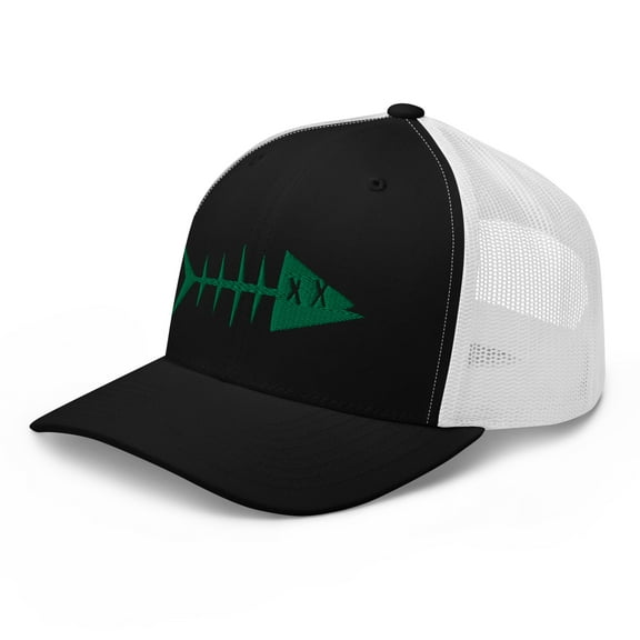 Clishirt Adult Unisex 3D Puff Embroidered Green Fish Adjustable Black White Retro Trucker Hat