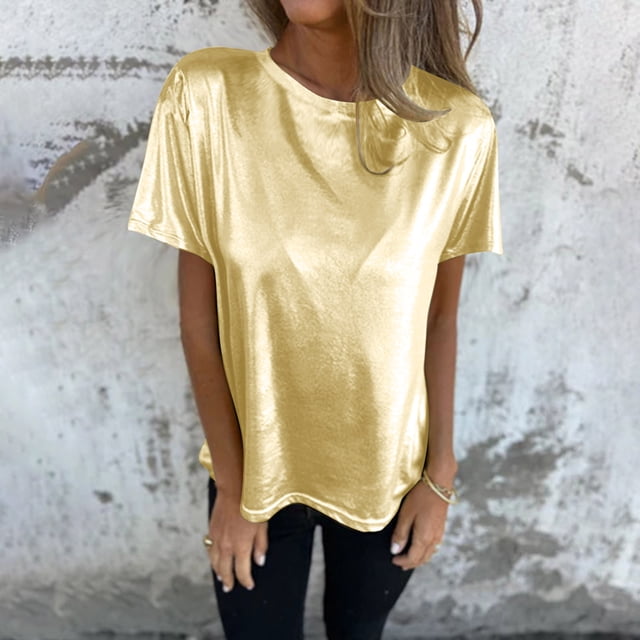 AOOCHASLIY Chemise en Satin d'Été pour Femmes, Col Rond, Manches Courtes, Décontractée, Mode Fête des Mères