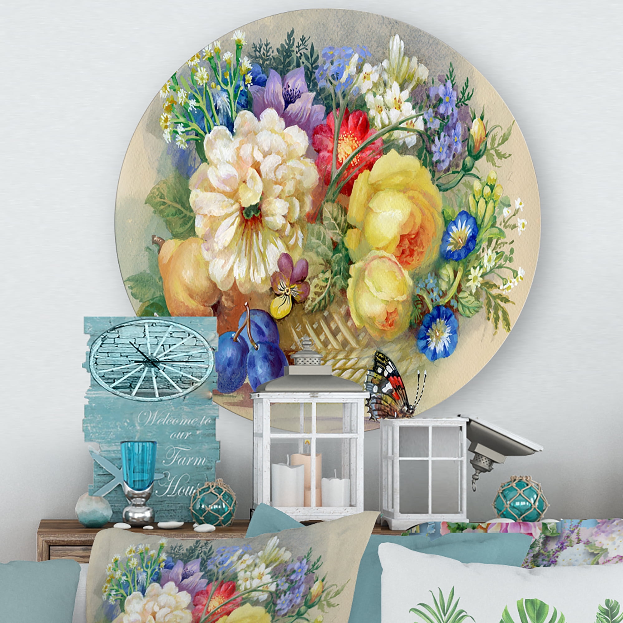 Designart 'Vintage Still Life Of White and Yellow Flowers' Traditional Circle Metal Wall Art 23x23 - Disc of 23