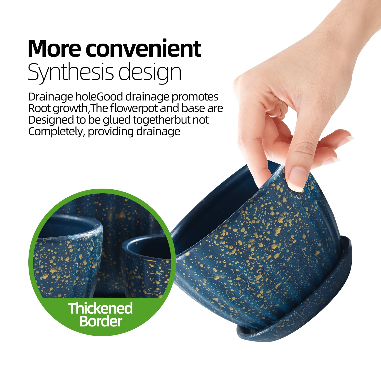Ceramic Plant Pots with Drainage Holes and Saucers, Round Blue Flower Pots for Indoor Plant, Diameter 4.5/5.5/6.6 Inches Small Mini Flower Planters Set of 3