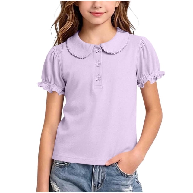 Odeerbi Camisas de Golf de Chicas Algodón Peter Pan Collar Puff Camisas de Tenis de Manga Corta