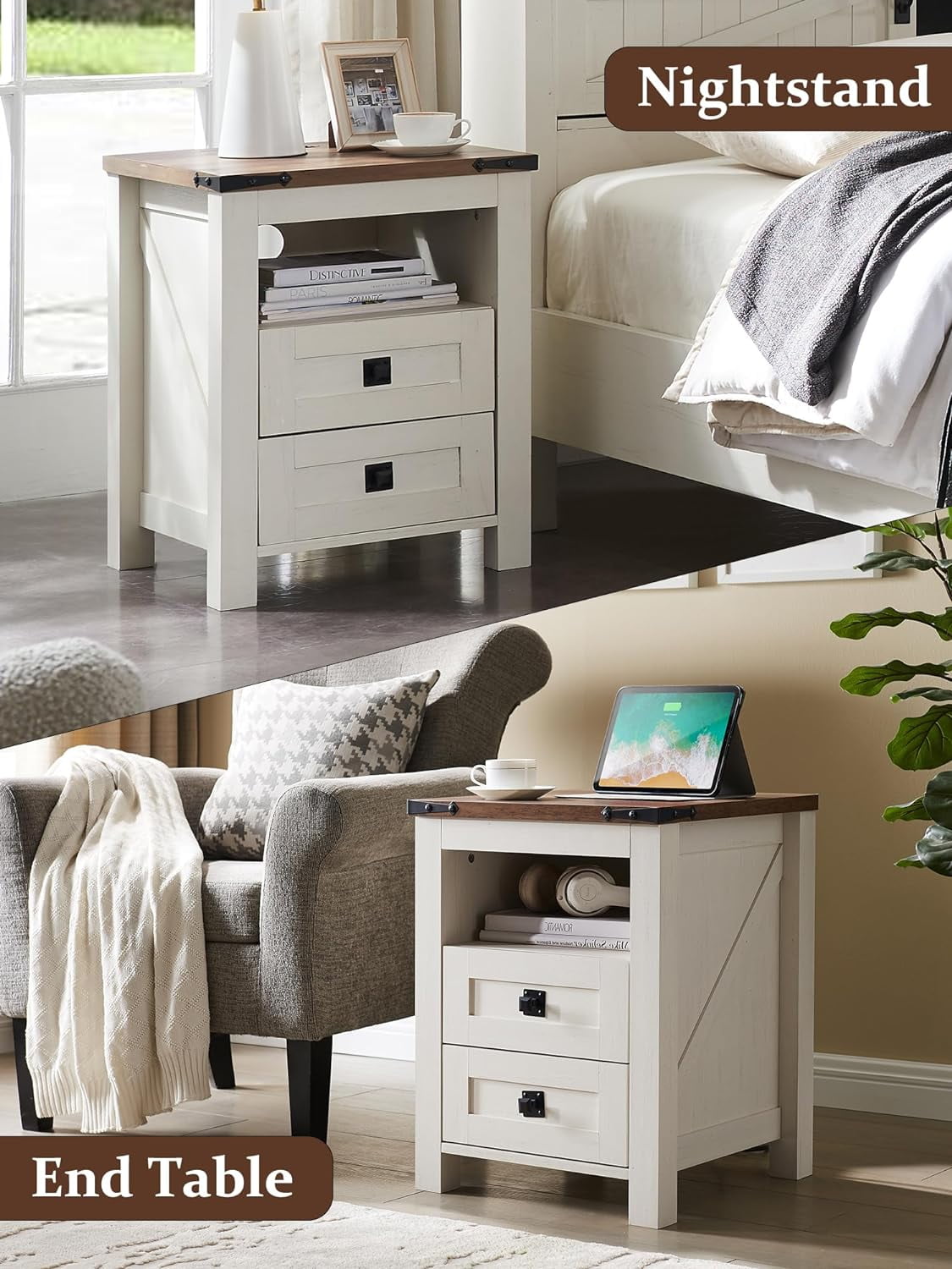 OKD Farmhouse Nightstand with Charging Station for Bedroom, 2-Drawer Rustic End Tables for Living Room, off White
