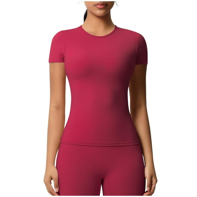 AKOEE T-shirts d'Entraînement en Spandex Tops de Yoga d'Été pour Femmes Séchage Rapide Manches Courtes Col Rond (S, Rouge)