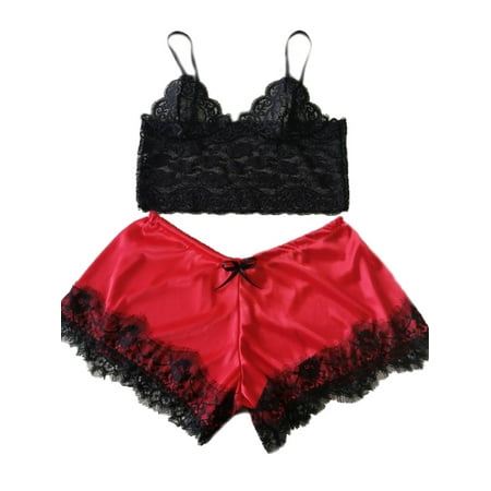 

MERSARIPHY Women Ice Silk Lace Lingerie Spaghetti Strap VestShort Pants Pajamas Set