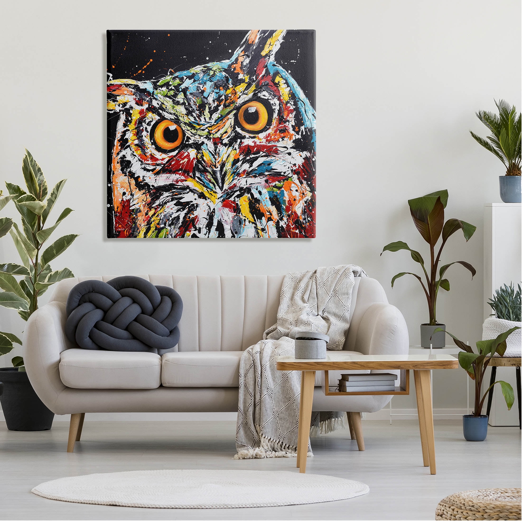 Street Style Horned Owl Splatter Animals & Insects Painting Gallery Wrapped Canvas Print Wall Art