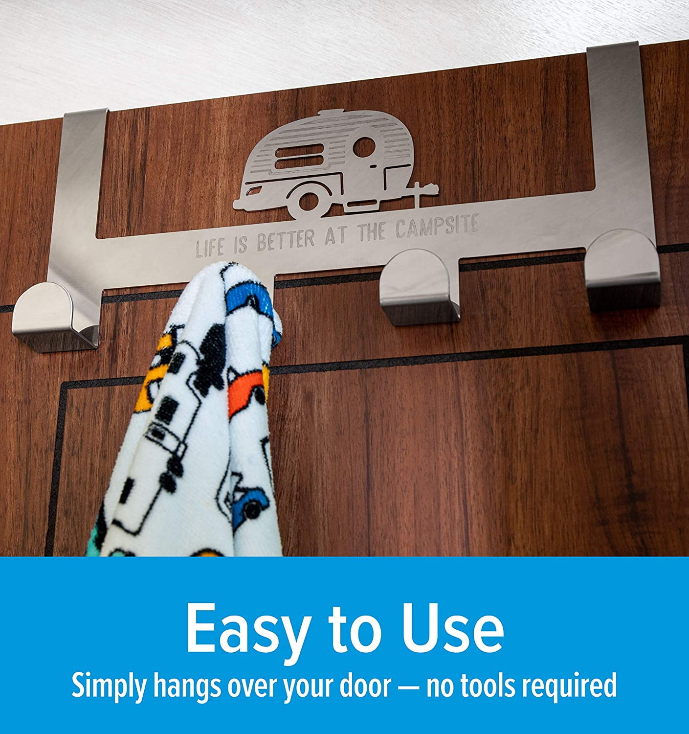 Camco Life is Better at The Campsite Camper/RV Over-the-Door Towel Hanger | Convenient to Use & Fits Up to 1-1/2-Inches Thick Standard Interior Doors (53388)