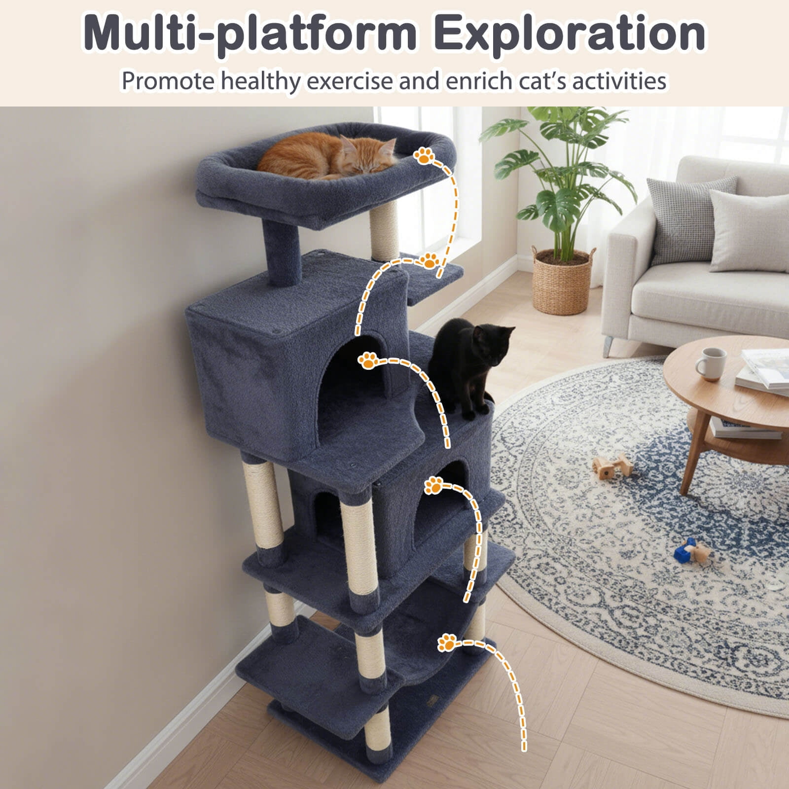Costway 70” Large Cat Tree for Indoor Cats with Plush Top Perch, Dual large Condos, Hammock Dark Gray