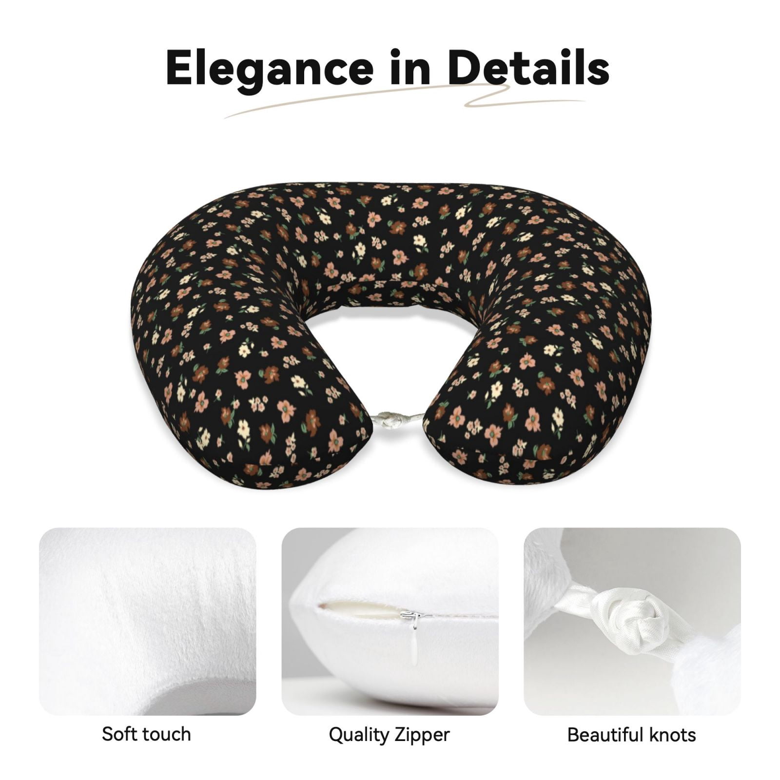 Xecao Flower Pattern On Black Print Memory Foam Cervical Neck Pillow Versatile U-Shaped Pillows for Home,Office,Camping,Travelling,Soft Washable Cover