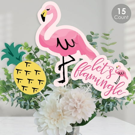 Big Dot of Happiness Pink Flamingo - Party Like A Pineapple - Tropical Summer Party Centerpiece Sticks - Table Toppers - Set of 15