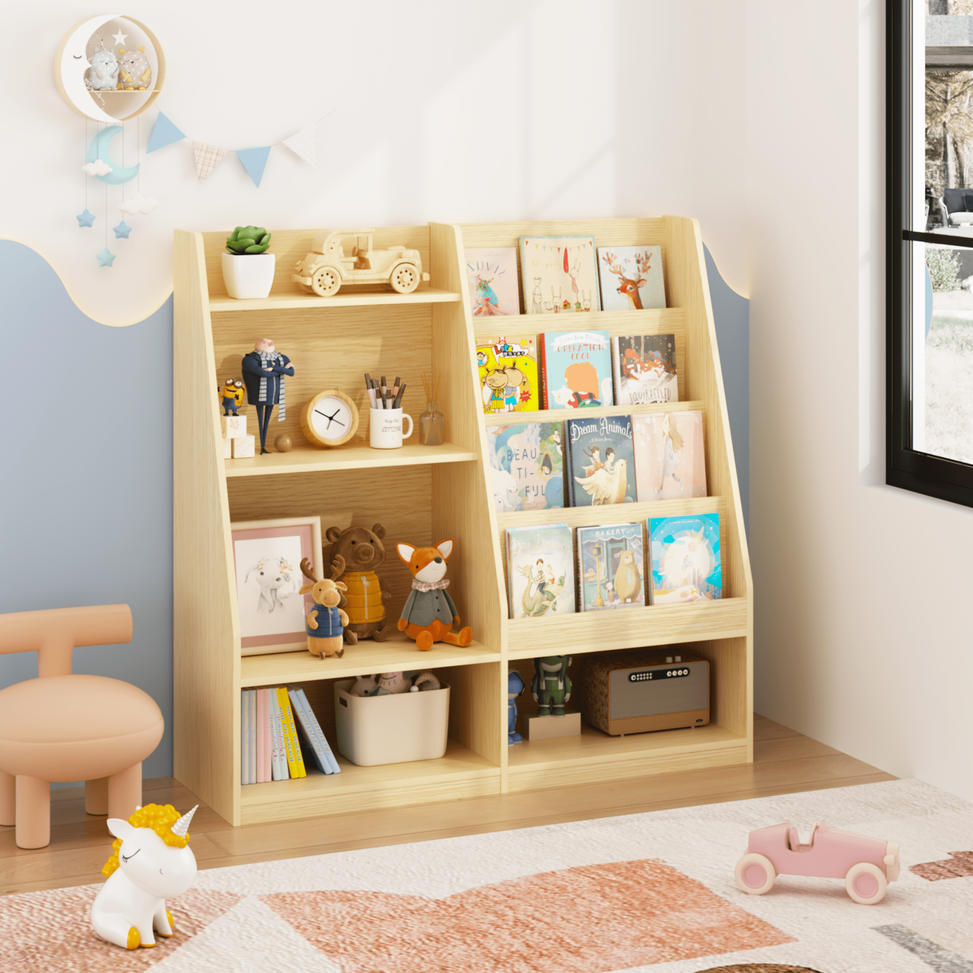 White Kids Bookshelf with Toy Storage Bin 2-Tier Display Childrens Room Organizer