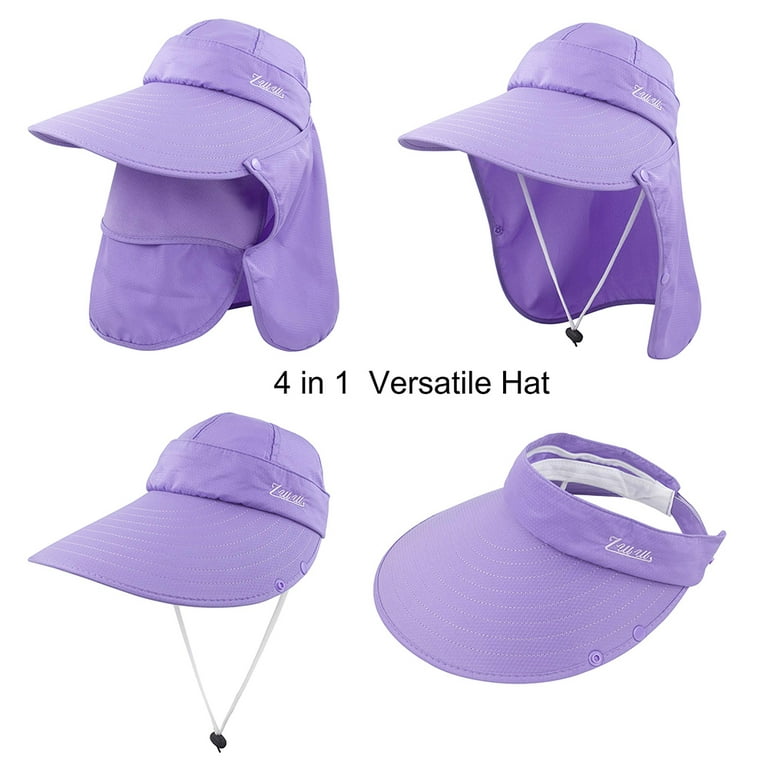 Women's Wide Brim Face Mask Removable Neck Sun Hat Face Flap Ponytail UV  Protection Hat Garden Fishing Hiking/Purple 