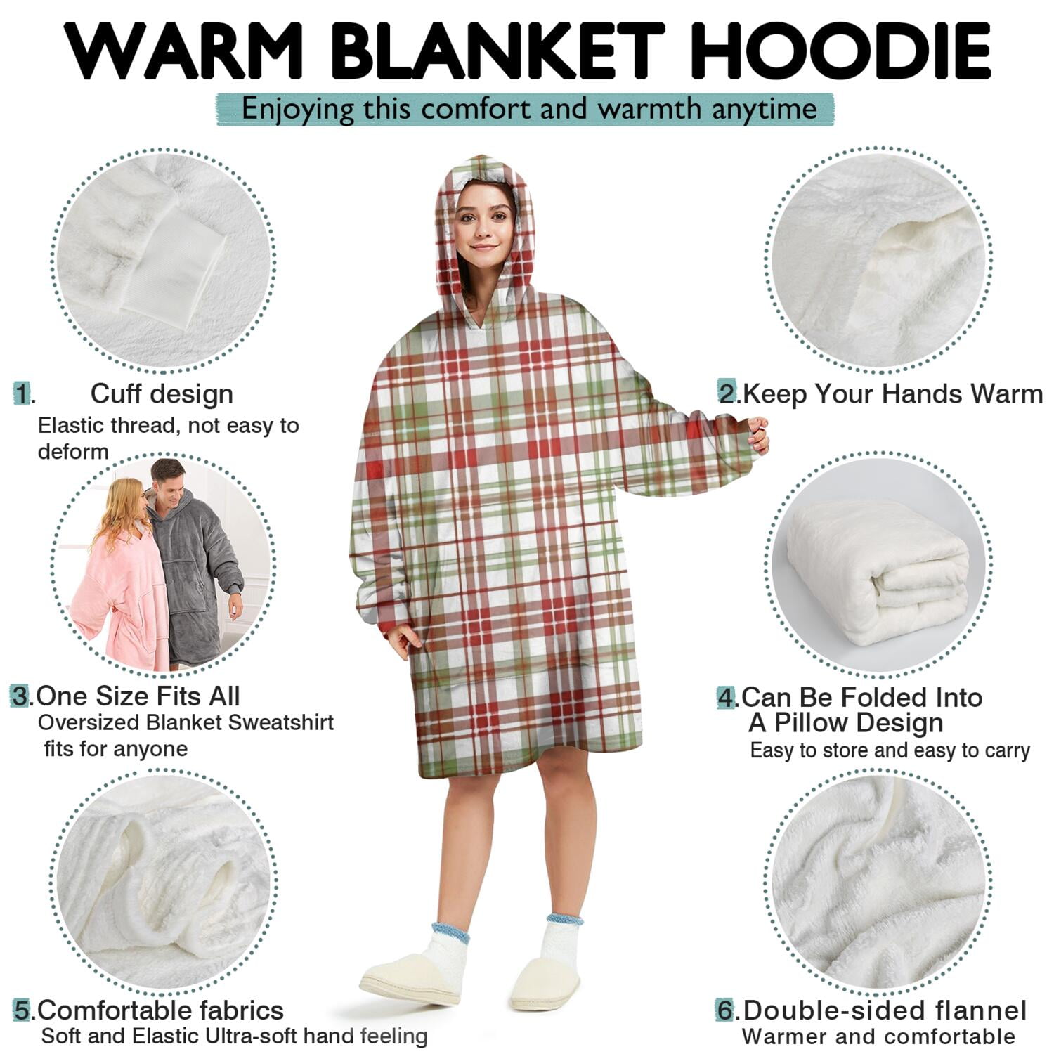 Multi Color Plaid Checkered Pattern Wearable Oversized Blanket,Wearable Blanket Hoodie for Adults,Cozy Hooded Blankets with Super Pockets,Super Warm Fuzzy Pullover for Women & Men