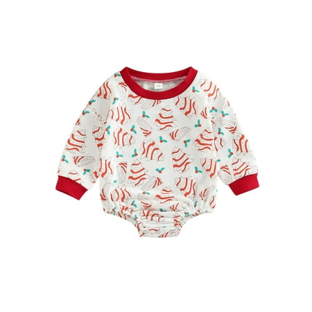 

jaweiwi Baby Girls Winter Romper Long Sleeve Round Neck Christmas Tree Print One-Piece Bodysuit 3-24M
