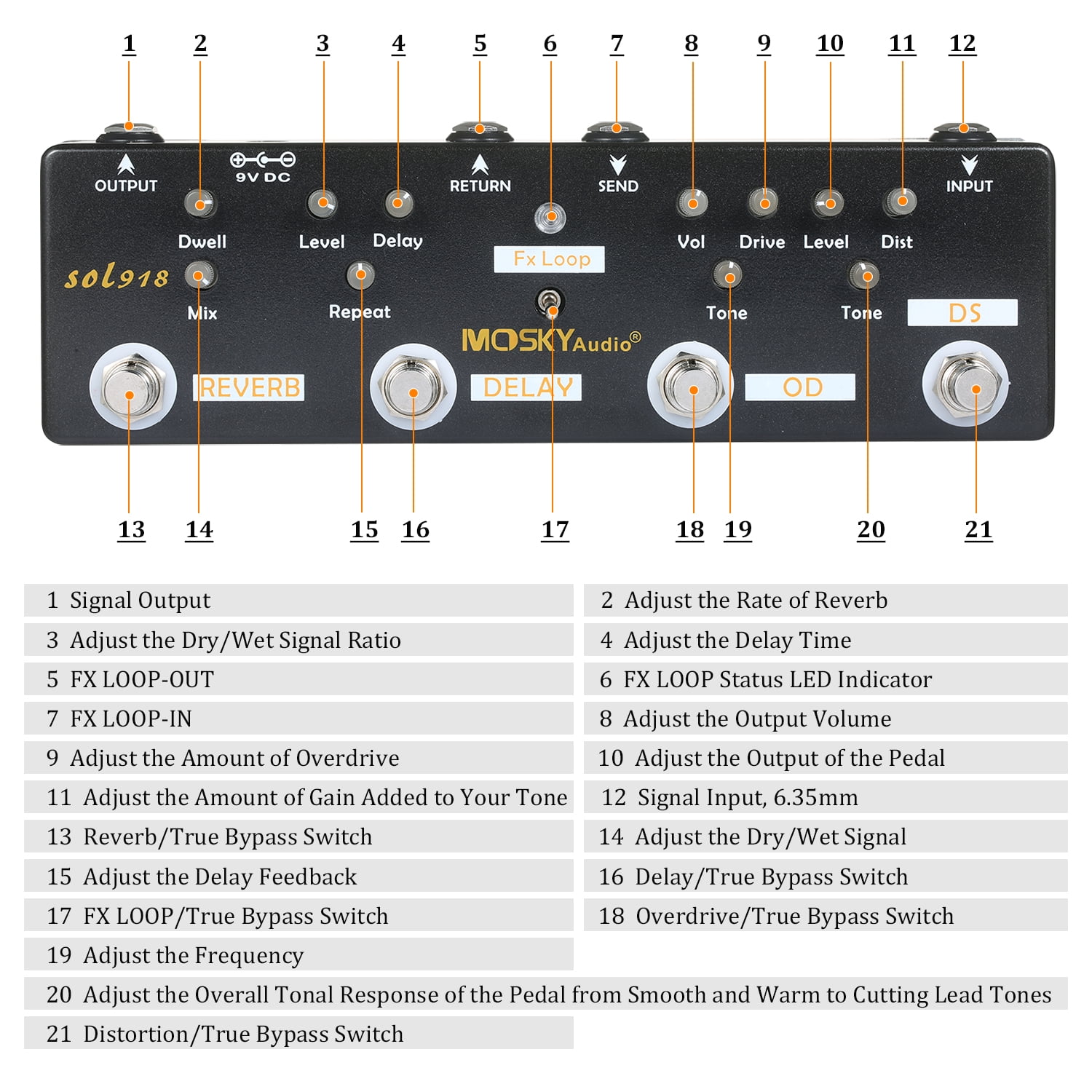 MOSKY Audio Effect maker,Reverb Delay Loop Audio Device Reverb Pedal Combined Loop Bass SOL918 5-in-1 QINQUAN Qudai Loop Over Bass QISUO dsfen