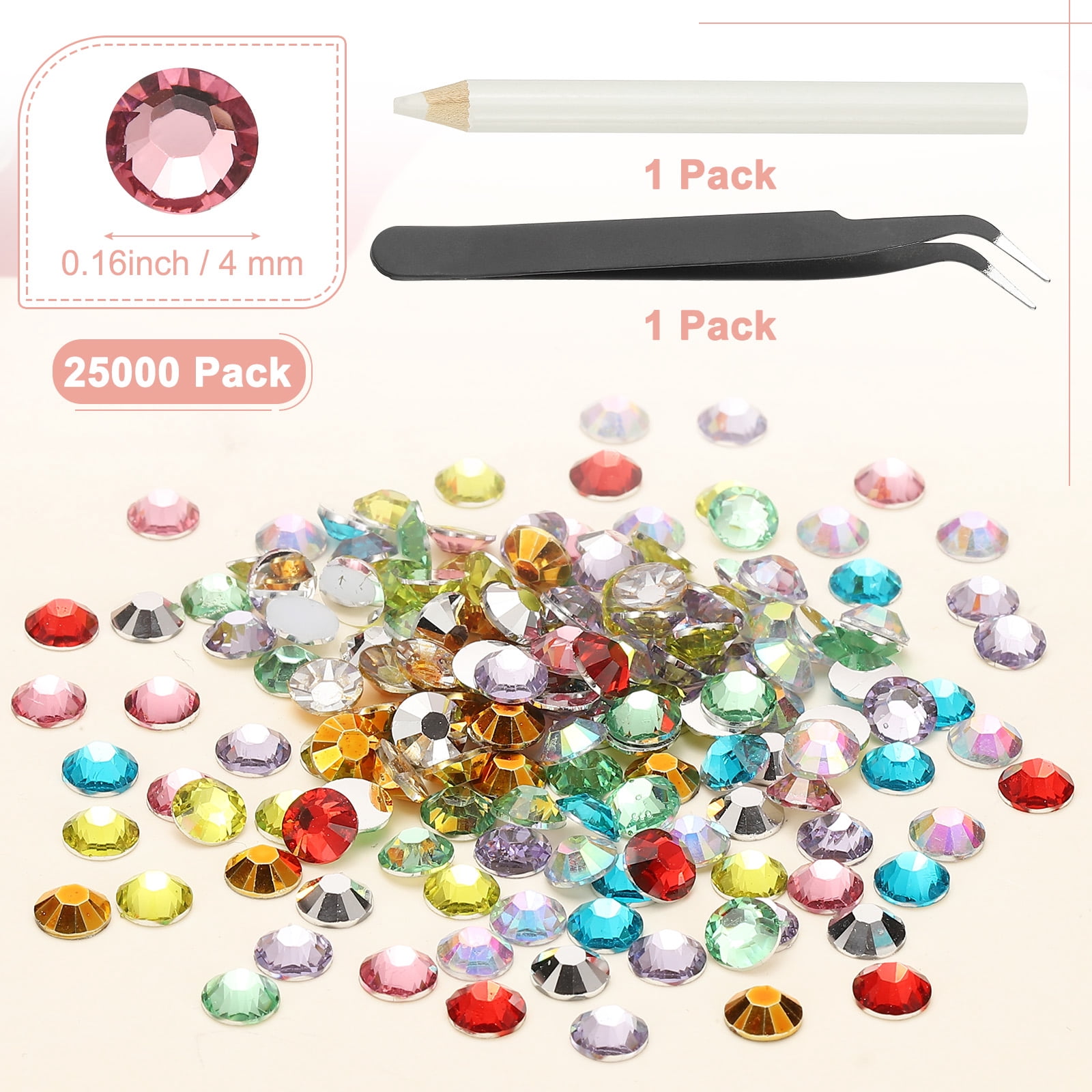 1-Set Resin Flatback Rhinestone, 4mm Flat Back Rhinestones Crystals Bulk for Crafts/Clothes/Nail Decoration, 25000 Pack with 1 Wax Pen and 1 Tweezer [Dark Pink]