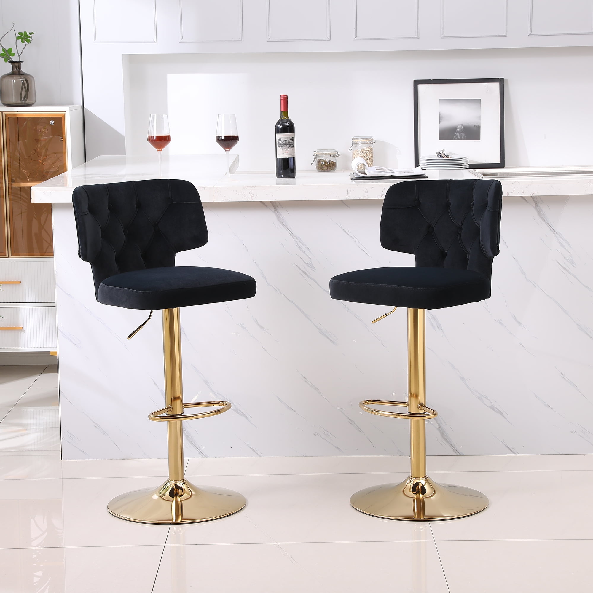 Resenkos Set of 2 Velvet Bar Stools Dining Chairs with Adjustable Counter Height Footrest Tufted Upholstered, Black Resenkos Set of 2 Velvet Bar Stools Dining Chairs with Adjustable Counter Height Footrest Tufted Upholstered, Black