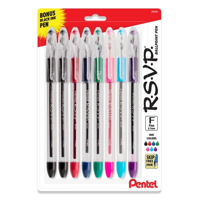 Pentel Rsvp Bolígrafo Original (0,7 Mm) Línea Fina Colores De Tinta Surtidos Barril Transparente Paquete De 8 Con Bolígrafo De Tinta Negra Adicional