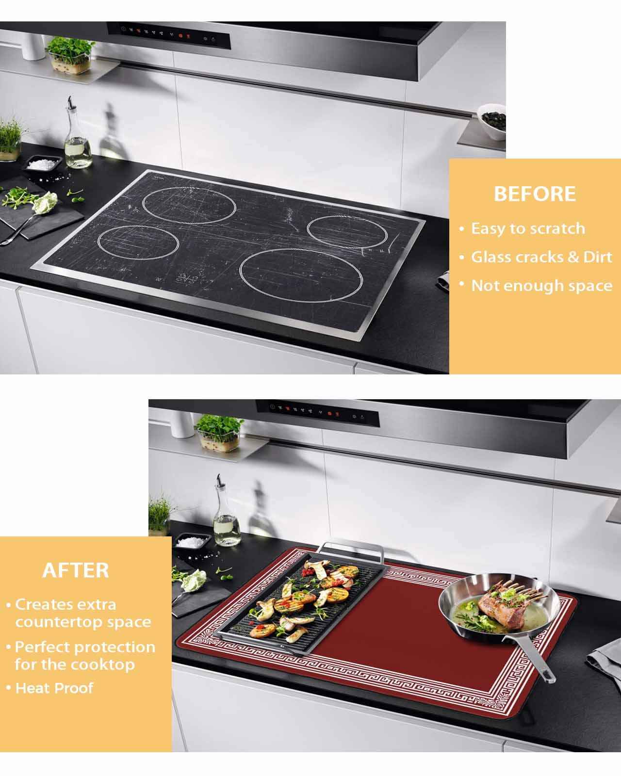 nqOlkjepod Large Induction Cooktop Protector Mat 24"x21", Red Geometric Stove Top Covers for Electric Stove, Country Farm Traditional Chinese Tile Stove Burner Cover Mats, Glass Top Stove Cover