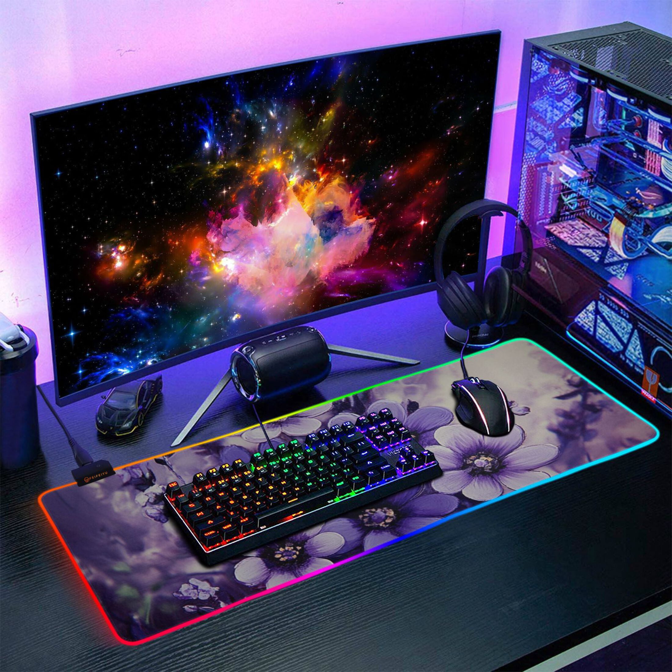 Purple Beautiful Flowers RGB Gaming Mouse Pad Large Keyboard Mat Rubber Base 13 Light Modes