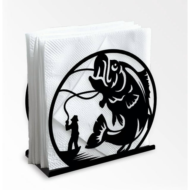 Servilletero decorativo de metal negro con diseño de pescador para mesa, 13,5 x 12,5 x 4,8 cm.