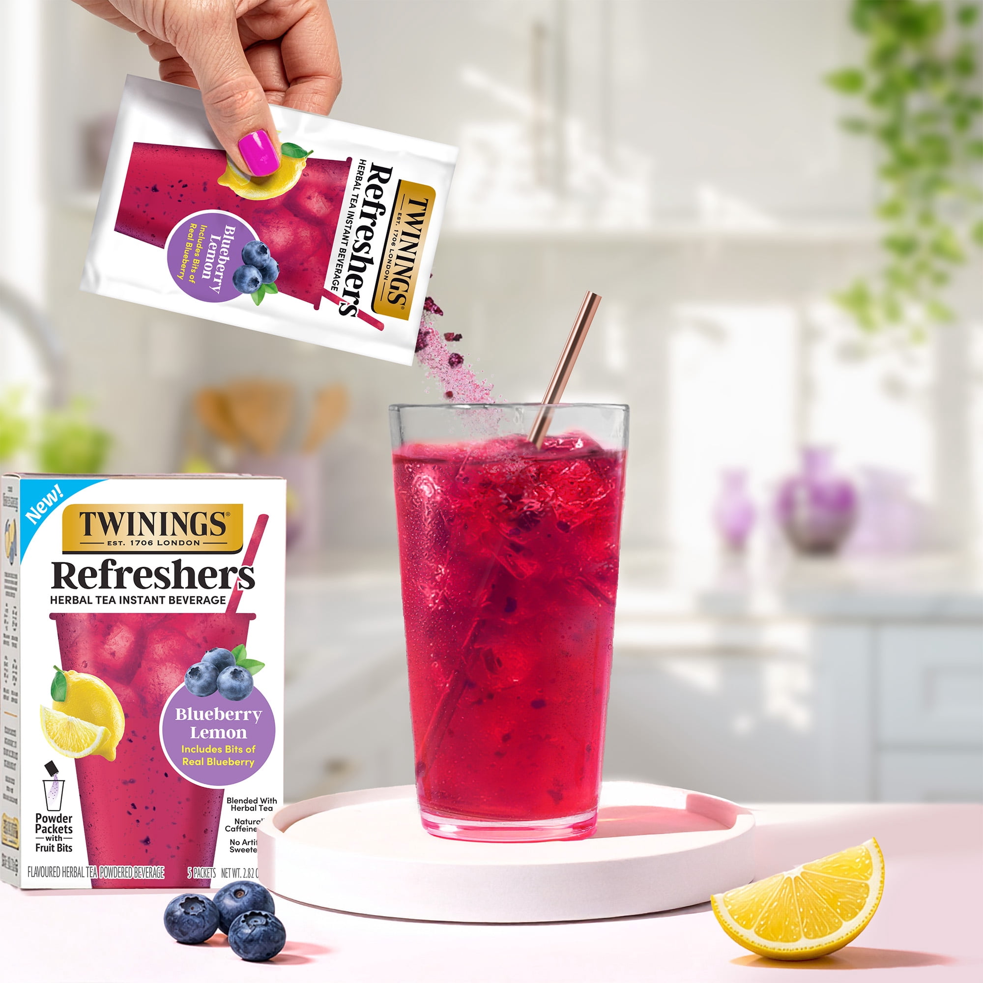 Twinings Refreshers Blueberry Lemon Herbal Tea Drink Mix, Naturally Caffeine Free, 5 Packets