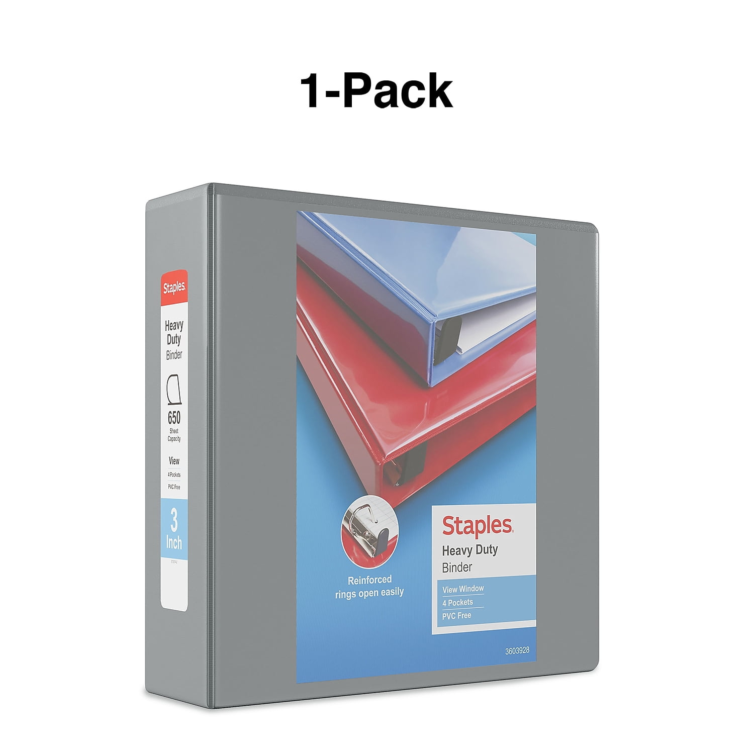 Staples Heavy Duty 3" 3-Ring View Binder with D-Rings and Four Interior Pockets Gray  2/Pack
