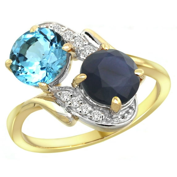 14k Yellow Gold Diamond Natural Swiss Blue Topaz & Quality Blue Sapphire 2-stone Ring Round 7mm, size 7