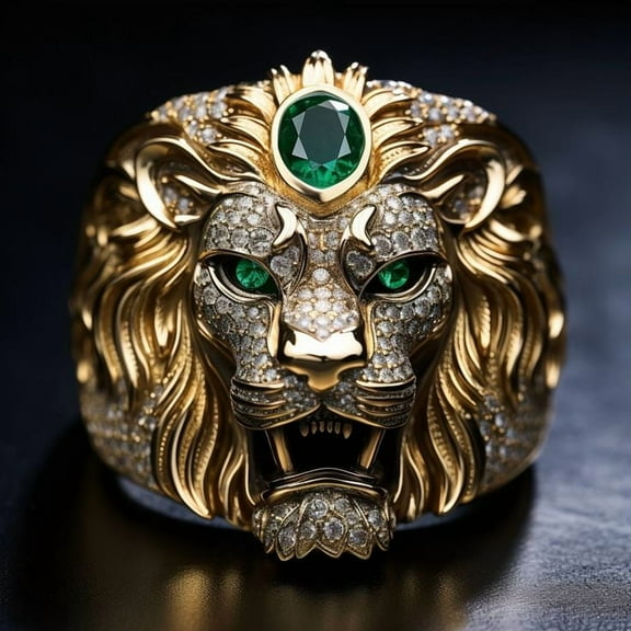 Dreamofdazzles Jewels 5.00 Ctw Round Cut Emerald & Diamond Signet Ring With Lion King Head Sculpture Band Mens Ring 14K Yellow Gold Plated 925 Sterling Silver 925 Sterling Silver -4.5