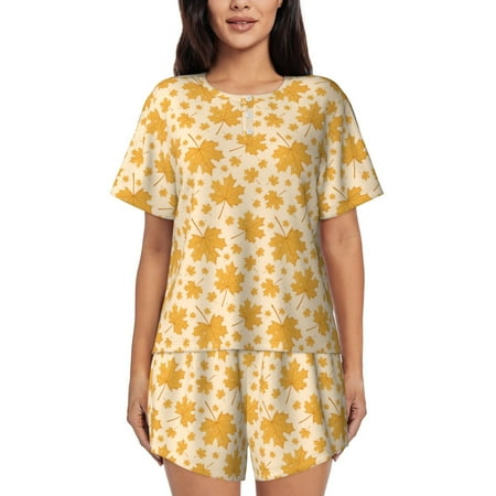 Junzan Autumn Fall Yellow Leaves for Short-Sleeved Pajama Set for Women 2 Piece Short Sleeve Crew Neck Sleepwear Set Summer Pajamas Set Lounge Sets 2-Piece Pj-X-Large
