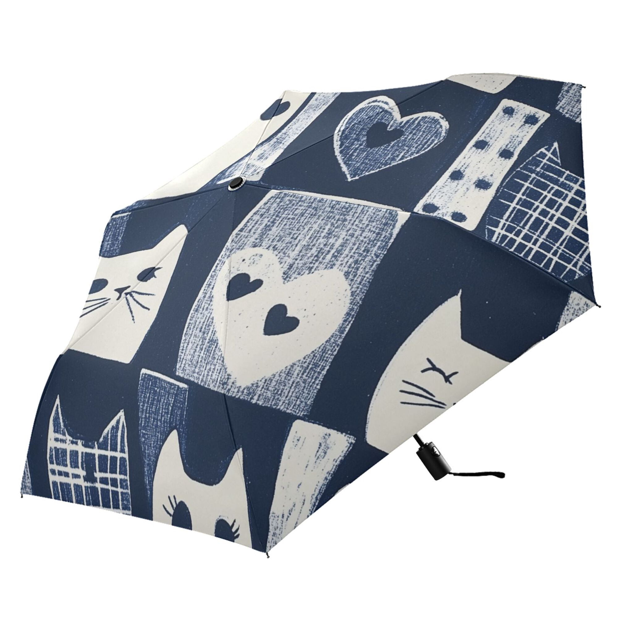 FORMRS Travel Umbrella Folding Auto Open Close Windproof Rain UV Protection, Blue Cats and Hearts