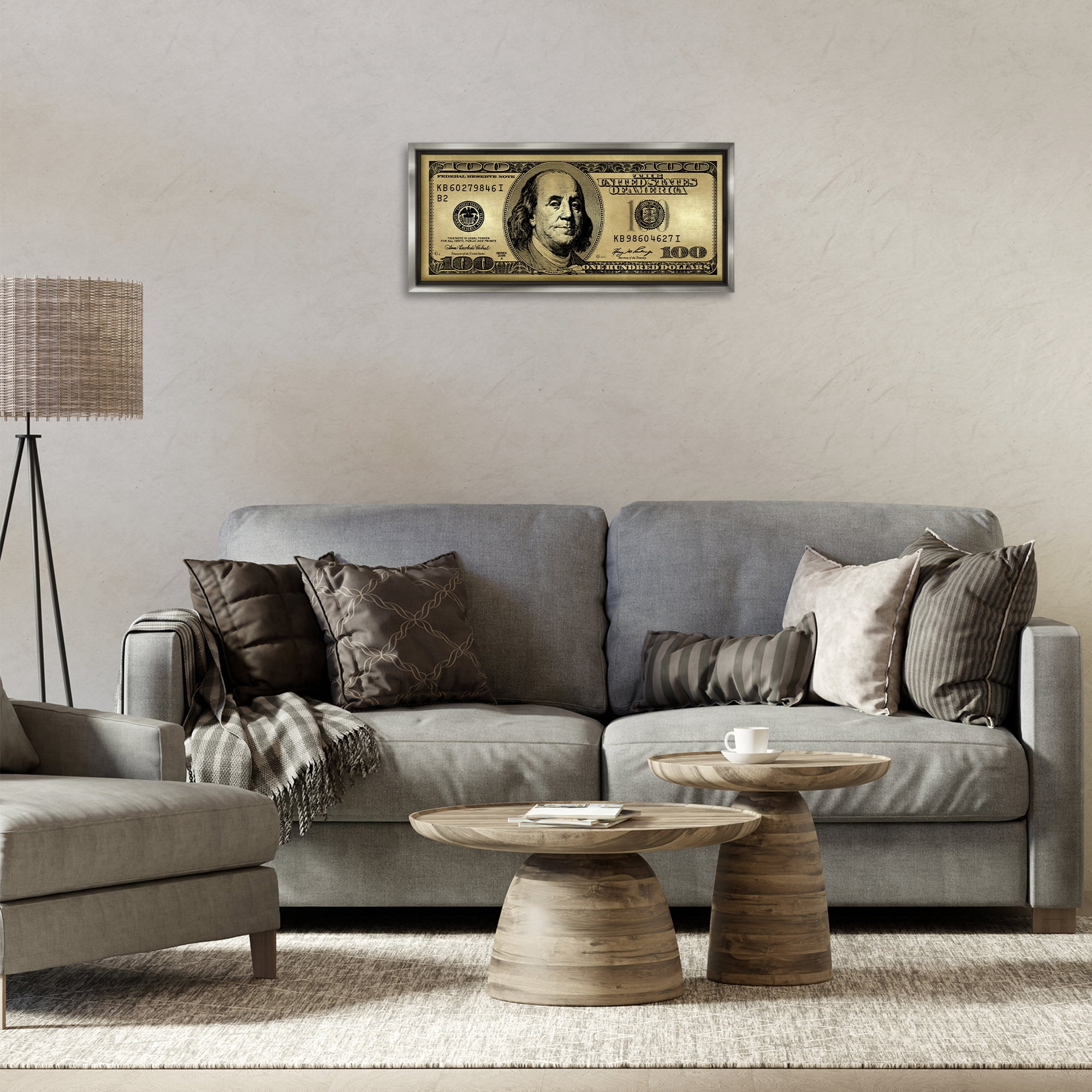 Stupell Industries Hundred Dollar Bill Novelty & Humor Painting Gray Floater Framed Canvas Art Print Wall Art, 25 x 11