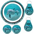 thumbnail image 1 of 14 15 Inch Steering Wheel Cover Aqua Dolphin Kawaii Pattern Car Accessories Set with 2 Pack Car Holders for Car Coasters Absorbent, 2 Pieces Keychains, 1 of 7