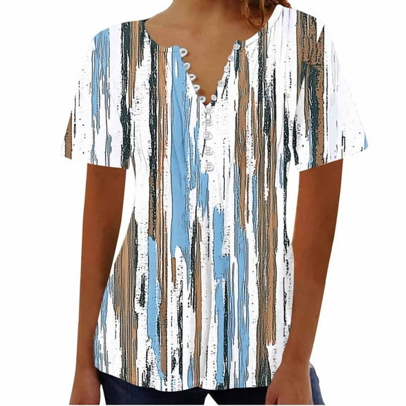 Youyipin Womens Tops Spring Fashion Puff Short Sleeve Shirts Dressy Casual Henley V-Neck Summer Tops Pleated With Button T-Shirts Loose Fit Tunic Blouses Spring Tops For Women