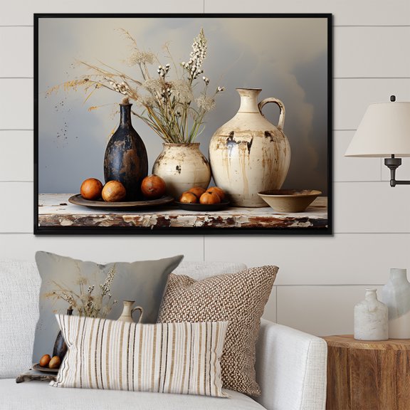 Designart "Vintage Artifacts of Floral Pottery in White" Geometric Framed Wall Art - Bohemian White Boho Pottery Bedroom Framed Canvas Wall Art