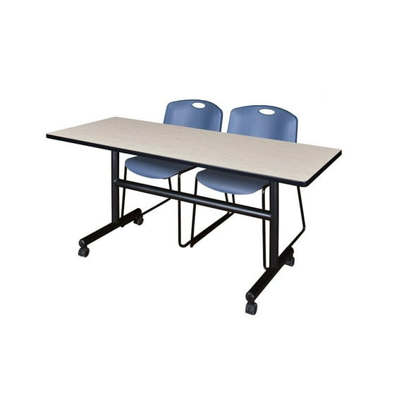 60" x 30" Flip Top Mobile Training Table- Maple and 2 Zeng Stack Chairs- Blue