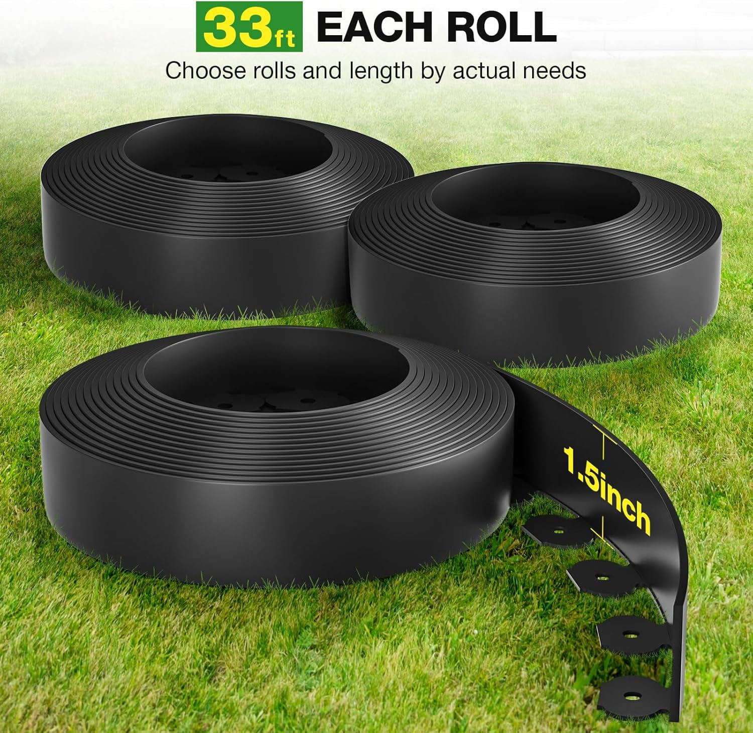 Landscape Edging Kit 33FT 1.5in Tall with 50 Spikes, No-Dig Plastic Flexible Edge Border for Landscaping, Lawn, Garden, Flower Beds, Yard, Black,1pack 33ft