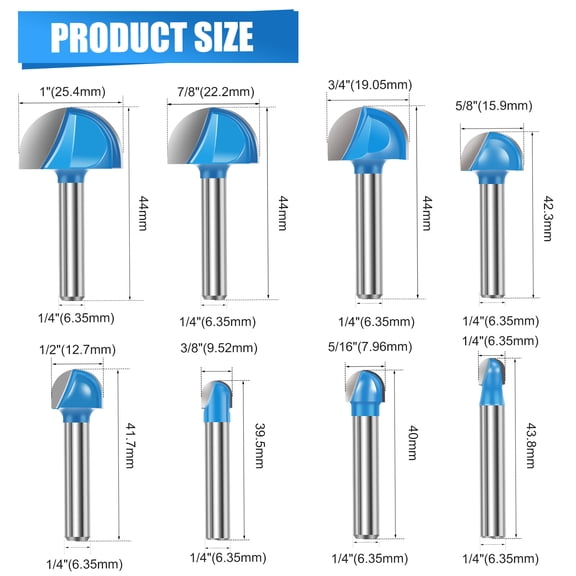 Ikoopy 8Pcs 1/4 Inch Shank Core Box Router Bit Set Carbide Round Nose Router Bits Woodworking Milling Cutter Tool for Wood