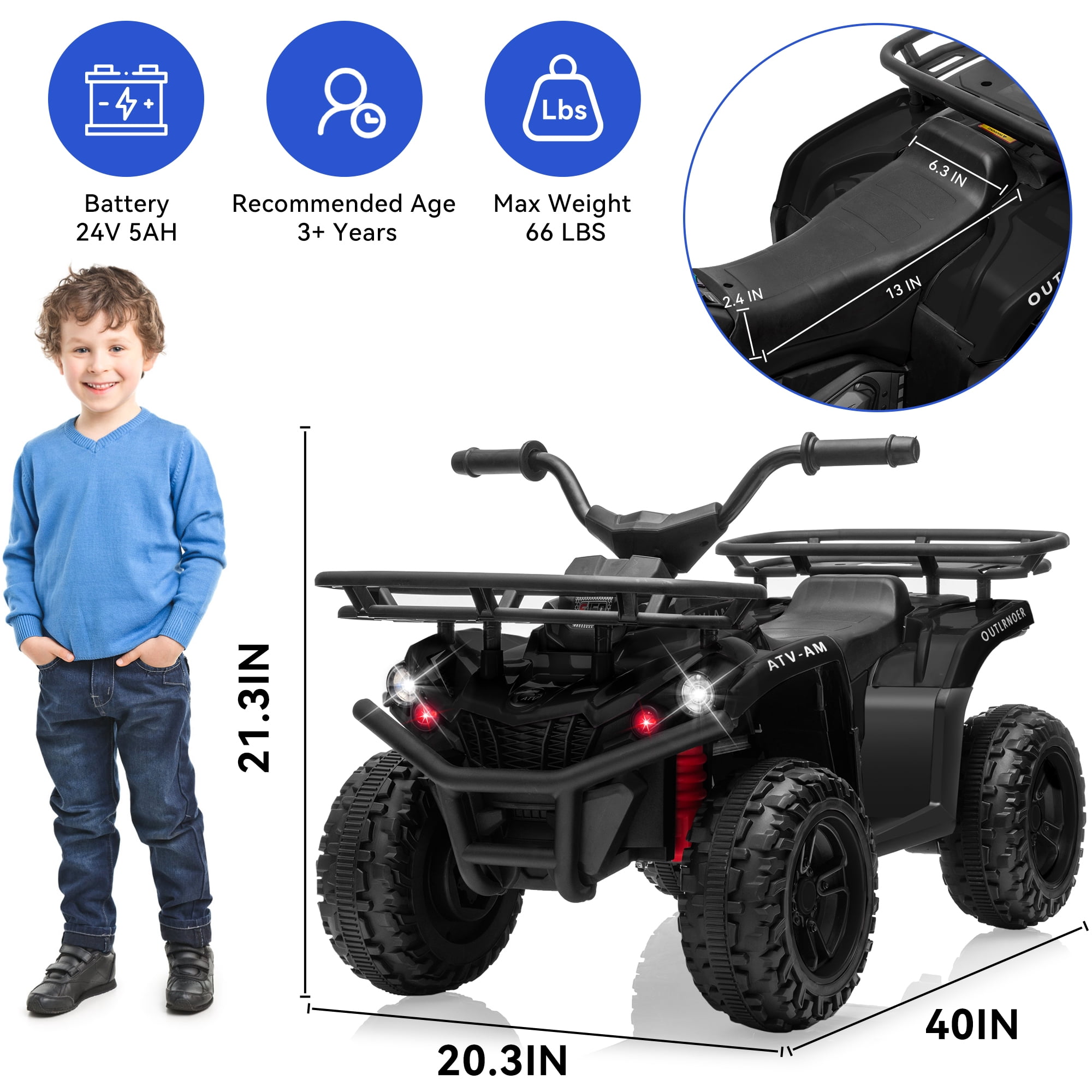 FestiveGlow 24V Kids ATV,Electric ATV for Kids 4 Wheelers Quad Car Toy, Ride On Toy Car As Gift for Kids,Black