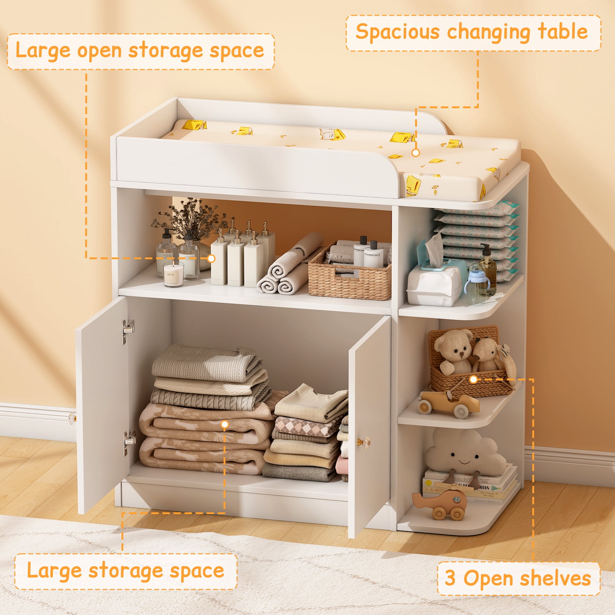 makeapile dresser with changing table,Nursery 4 Open Shelves Plus Double-Door Cabinet, Multifunctional baby changing table, White