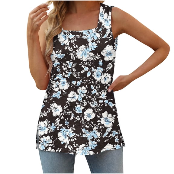 Lopecy-Sta Tank Tops for Women, Square Neck Floral Print Sleeveless Tops, Regular Fit Casual Tank Tops, Lightweight Summer Blouses