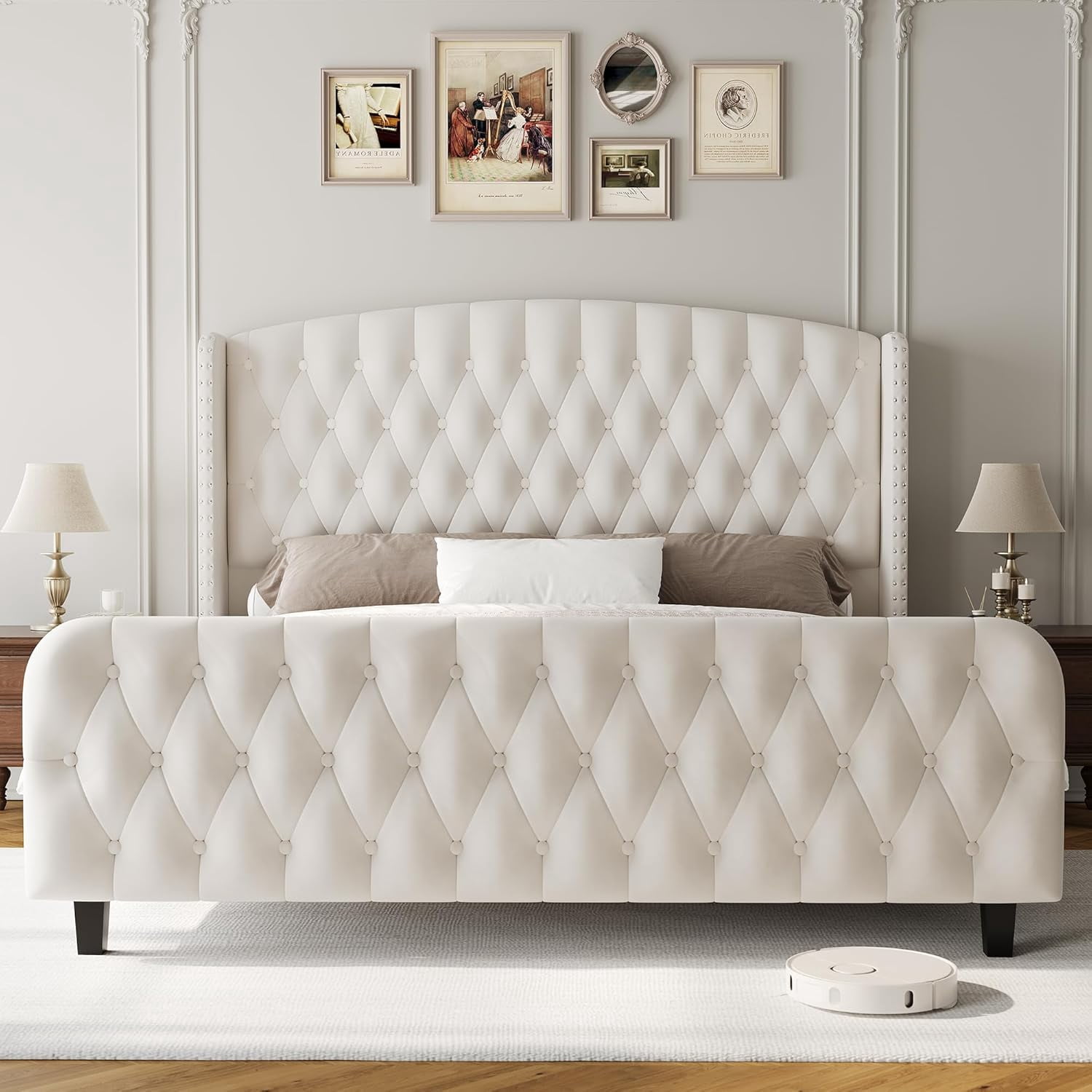 King Size Bed Frame with 51'' Tall Wingback Headboard, Velvet Upholstered Platform Bed Frames with Strong Wood Slats Support, Noise Free, No Box Spring Needed, Easy Assembly, Cream