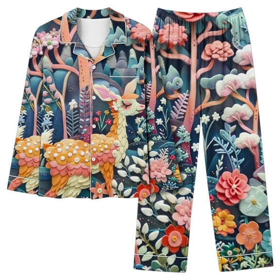 Lorytime Christmas Pjs Set for Women Reindeer Long Sleeved Collared Tops Elastic Waist Pants Holiday Sleepwear Gift