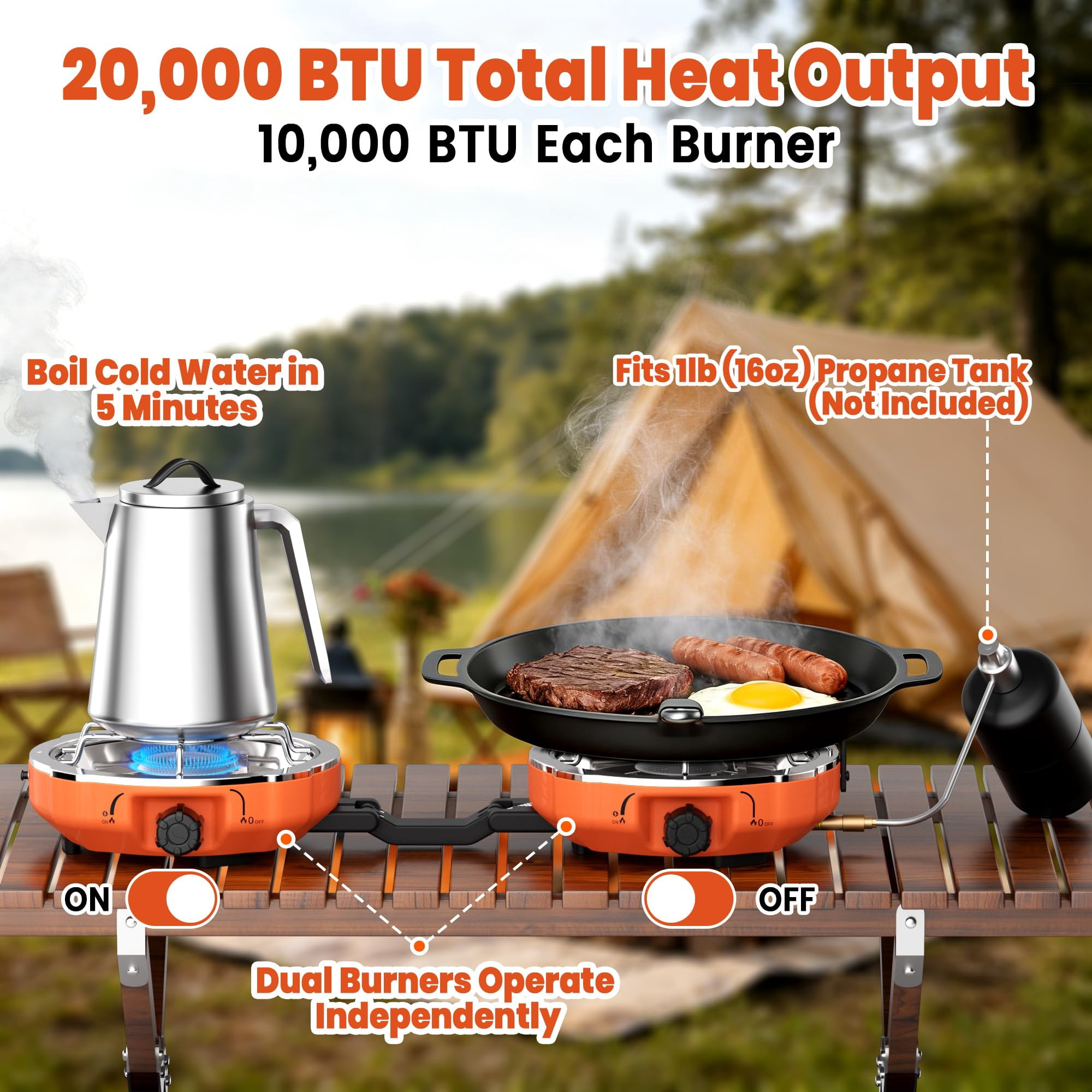 20 000 Btus 2 Burner Propane Camping Stove  Portable Folding Camp With Adjustable Burners Regulator And Carrying Bag Dual Gas Stoves Easy Handle For Tailgating Bbq