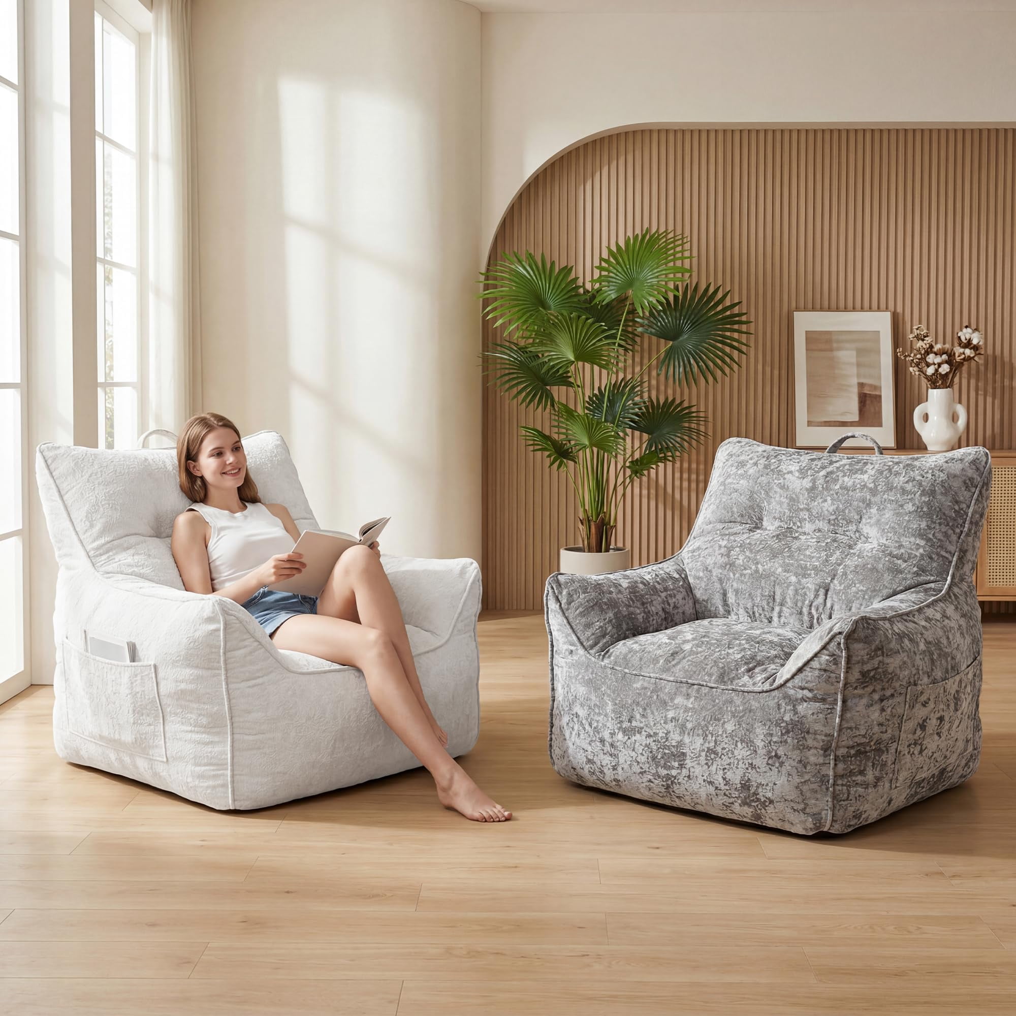 Danolapsi Bean Bag Chair, Comfy Bean Bag Sofa with Back Support, Soft Chenille Lazy Chair for Adults, Shredded Foam Couch Single Lounges for Apartments, Living Rooms, Bedrooms, Games, Reading