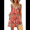 thumbnail image 1 of Vestidos de Verano para Mujer, de Playa, con Encaje, Escote en V, Informales, Estampado Tropical, Sin Mangas, Cortos. Rojo XL, 1 of 7