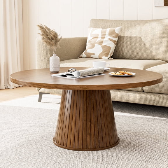 Oubayajia 31.5" Round Coffee Table, Mid Century Modern Wood Coffee Table, Fluted Small Center Table for Living Room, Walnut