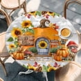 thumbnail image 2 of Fall Orange Pumpkins Round Tablecloth, Fitted Table Cover with Elastic for 36"-44" Round Tables, Thanksgiving Sunflowers Country Wooden Table Cloth Outdoor Indoor Dinning Party Waterproof Tablecloths, 2 of 7