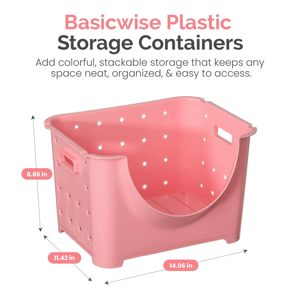 "Stackable Plastic Storage Container, Pink Stacking Bins"