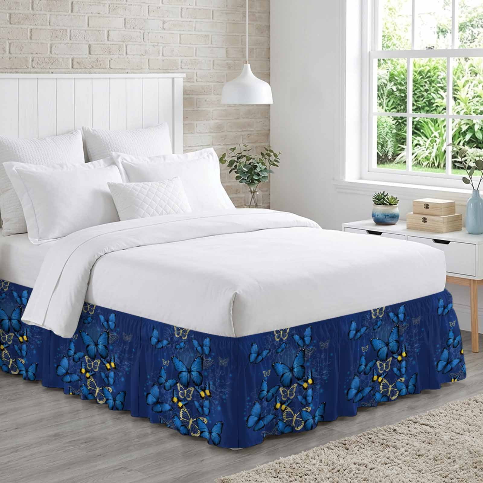 Blue Butterfly Bed Skirt Queen Size, Farmhouse Modern Nature Animals Art Wrap Around Bed Skirting with Adjustable Elastic Strap, Dust Ruffle Pleated Bedskirts 16 Inch Drop for Bedroom Queen Beds